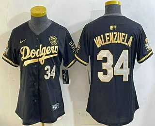 Women%27s Los Angeles Dodgers #34 Fernando Valenzuela Black Gold 2024 World Series 34 Patch Stitched Cool Base Jersey